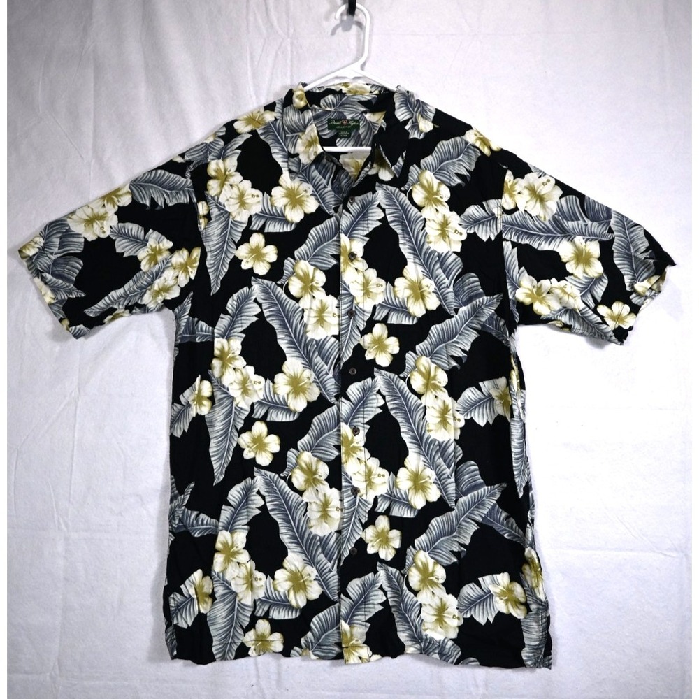 David Taylor Hawaiian Shirt Mens XL Black Floral Tropical Rayon Camp